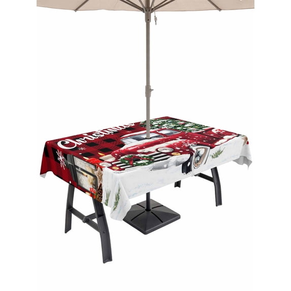 Outdoor Tablecloth with Umbrella Hole and Zipper, Red Plaid Truck Christmas Rectangle Table Cloth 60x84 Inch Waterproof Tablecloth, Xmas Tree Snowflake Gifts Winter Picnic Table Cover for Patio
