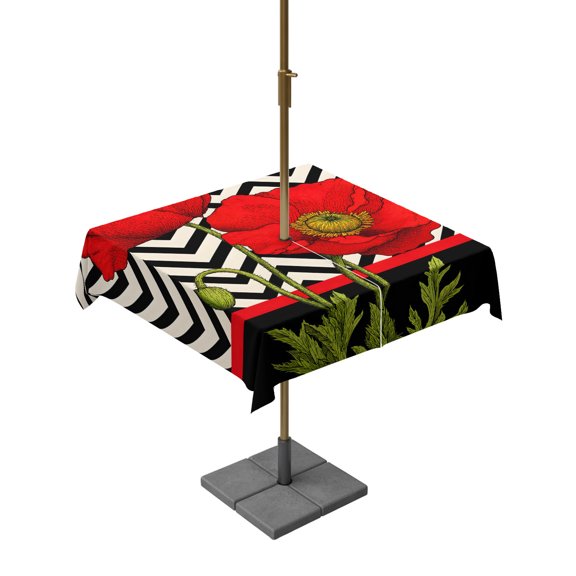 Outdoor Tablecloth with Umbrella Hole and Zipper, Red Poppy Flower Retro Boho Square Waterproof Table Cover 54x54in Washable Table Cloth for Patio Picnic Party Abstract Black Herringbone