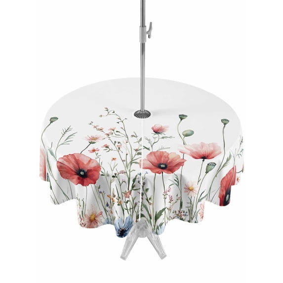 Outdoor Tablecloth with Umbrella Hole Zipper Red Poppy Flower Round Tablecloth 54" Waterproof Outside Table Cloth Garden Floral Botanical Painting Patio Table Cover Tablecloths for Picnic Party