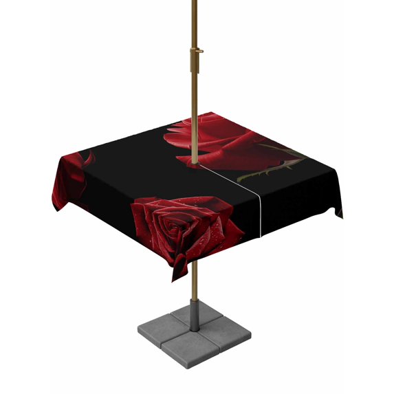 Outdoor Tablecloth with Umbrella Hole and Zipper, Red Rose Square Table Cloth 54x54 Inch Waterproof Tablecloth, Vintage Abstract Garden Flower Floral Black Picnic Table Cover for Patio Camping