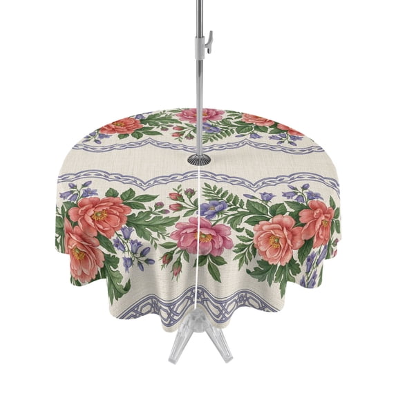 Outdoor Tablecloth with Umbrella Hole Zipper Red Roses Floral Round Tablecloth 54" Waterproof Outside Table Cloth Farmhouse Botanical Flowers Vintage Patio Table Cover Tablecloths for Picnic Party