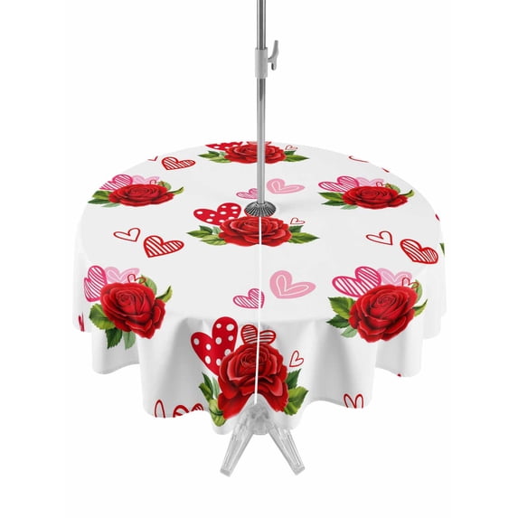 Outdoor Tablecloth with Umbrella Hole and Zipper, Red Roses Round Table Cloth 54 Inch Waterproof Tablecloth, Valentine's Day Floral Love White Country Picnic Table Cover for Patio Camping