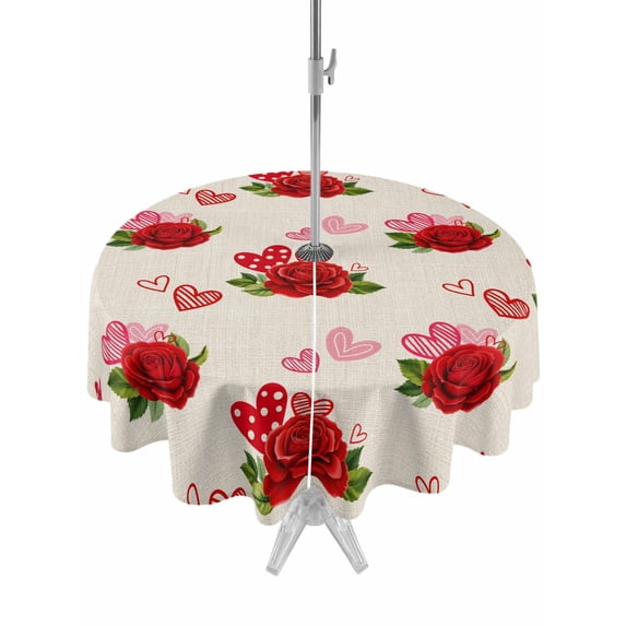 Outdoor Tablecloth with Umbrella Hole and Zipper, Red Roses Round Table Cloth 54 Inch Waterproof Tablecloth, Valentine's Day Love Floral Beige Country Picnic Table Cover for Patio Camping