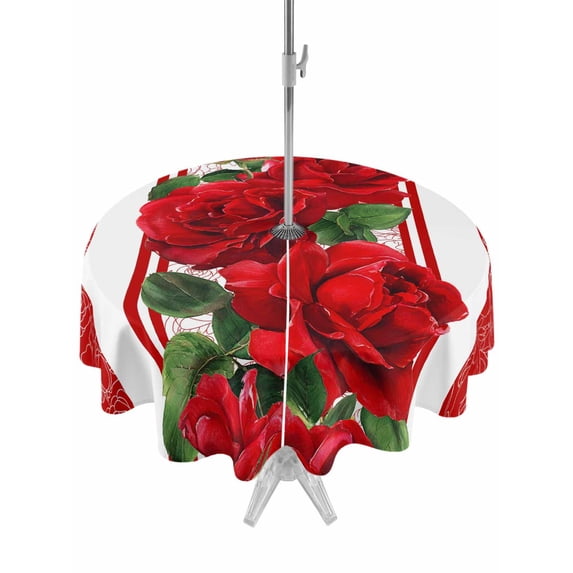Outdoor Tablecloth with Umbrella Hole and Zipper, Red Roses Round Table Cloth 54 Inch Waterproof Tablecloth, Valentine's Day Romantic Flowers Green Leaf Stripes Picnic Table Cover for Patio Camping