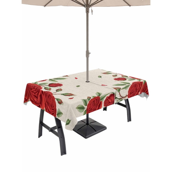 Outdoor Tablecloth with Umbrella Hole and Zipper, Red Roses Valentine's Day Rectangle Table Cloth 52x70 Inch Waterproof Tablecloth, Romantic Spring Floral Rustic Picnic Table Cover for Patio Camping
