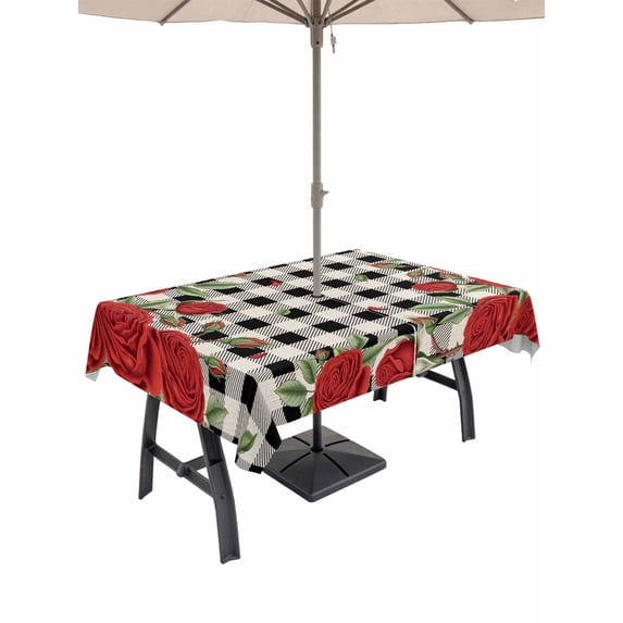 Outdoor Tablecloth with Umbrella Hole and Zipper, Red Roses Valentine's Day Rectangle Table Cloth 60x102 Inch Waterproof Tablecloth, Romantic Spring Floral Plaid Picnic Table Cover for Patio Camping