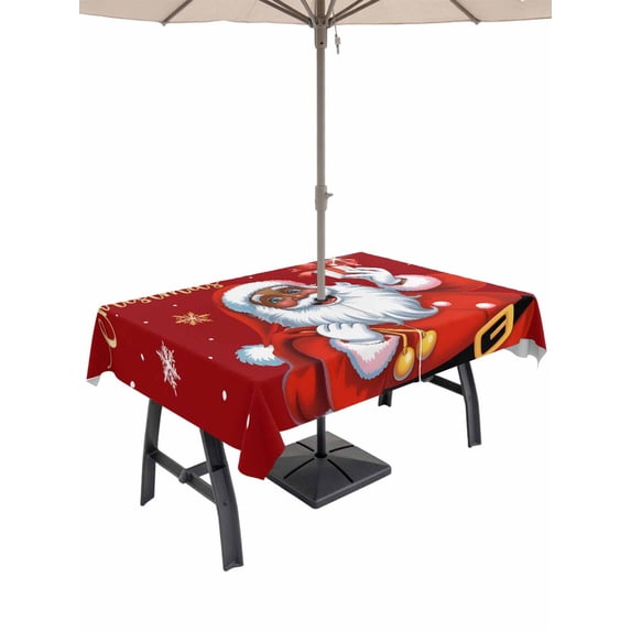 Outdoor Tablecloth with Umbrella Hole and Zipper, Red Santa Christmas Rectangle Table Cloth 52x70 Inch Waterproof Tablecloth, Gifts Xmas Snowflake Winter White Picnic Table Cover for Patio Camping