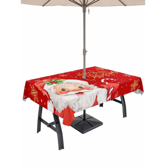 Outdoor Tablecloth with Umbrella Hole and Zipper, Red Santa Christmas Rectangle Table Cloth 60x120 Inch Waterproof Tablecloth, Xmas Snowflake Picnic Table Cover for Patio Camping