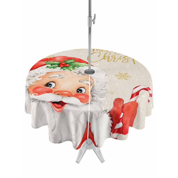 Outdoor Tablecloth with Umbrella Hole and Zipper, Red Santa Christmas Round Table Cloth 60 Inch Waterproof Tablecloth, Xmas Snowflake Rustic Picnic Table Cover for Patio Camping