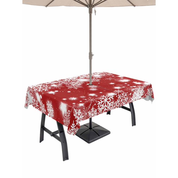 Outdoor Tablecloth with Umbrella Hole and Zipper, Red Snowflake Christmas Rectangle Table Cloth 52x70 Inch Waterproof Tablecloth, Winter Xmas Star Snowflake Picnic Table Cover for Patio Camping