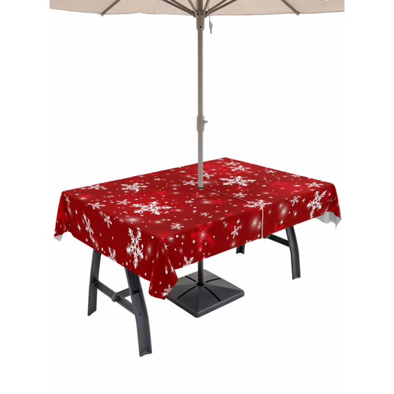 Outdoor Tablecloth with Umbrella Hole and Zipper, Red Snowflake Christmas Rectangle Table Cloth 60x120 Inch Waterproof Tablecloth, Xmas Snowflake Modern Art Winter Picnic Table Cover for Patio