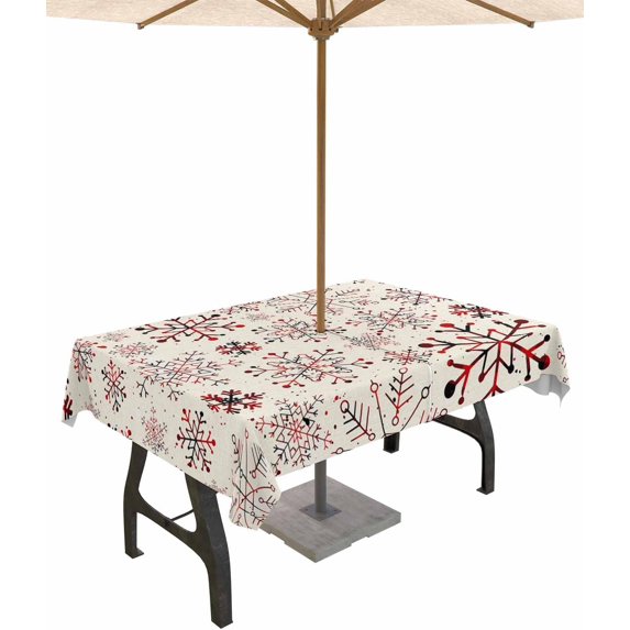 Outdoor Tablecloth with Umbrella Hole & Zipper, Red Snowflake Christmas Rectangle Tablecloth 60x120 Inch, Xmas Snowflake Rustic Patio Table Cover Waterproof Table Cloth for Picnic/Party
