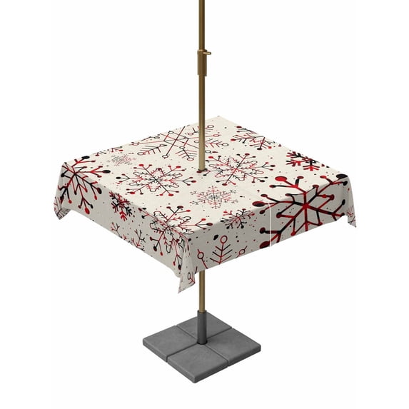 Outdoor Tablecloth with Umbrella Hole and Zipper, Red Snowflake Christmas Square Table Cloth 60x60 Inch Waterproof Tablecloth, Xmas Snowflake Rustic Picnic Table Cover for Patio Camping
