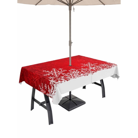 Outdoor Tablecloth with Umbrella Hole and Zipper, Red Snowflakes Christmas Rectangle Table Cloth 52x70 Inch Waterproof Tablecloth, Winter Holiday Xmas Snowflake Picnic Table Cover for Patio Camping