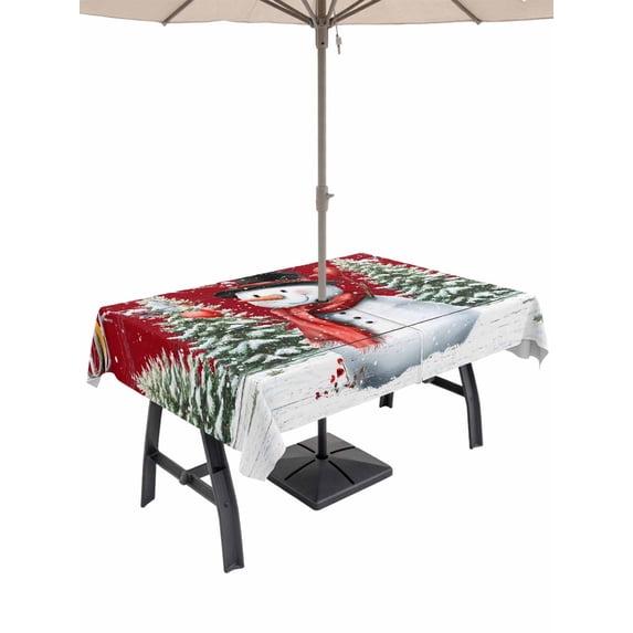 Outdoor Tablecloth with Umbrella Hole and Zipper, Red Snowman Christmas Rectangle Table Cloth 52x70 Inch Waterproof Tablecloth, Xmas Tree Snowflake Birds Branches Wooden Picnic Table Cover for Patio