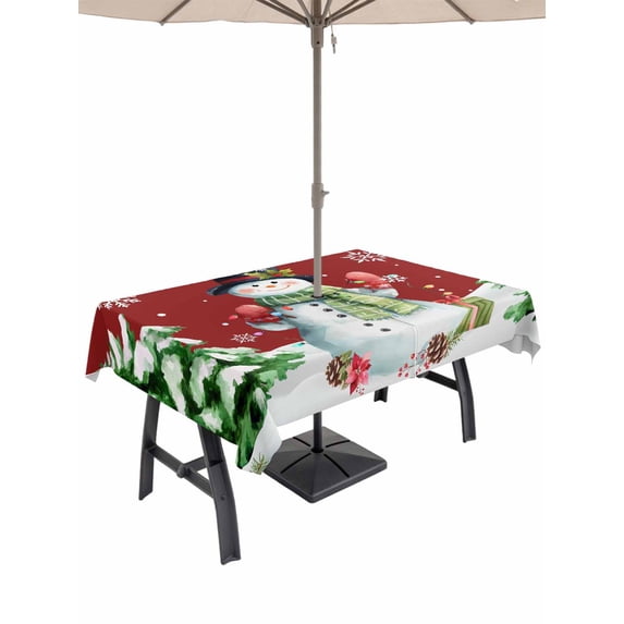 Outdoor Tablecloth with Umbrella Hole and Zipper, Red Snowman Christmas Rectangle Table Cloth 52x70 Inch Waterproof Tablecloth, Xmas Tree Snowflake Rustic Winter Picnic Table Cover for Patio Camping