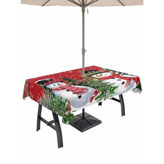 Outdoor Tablecloth with Umbrella Hole and Zipper, Red Snowman Christmas Rectangle Table Cloth 52x70 Inch Waterproof Tablecloth, Xmas Tree Snowflake Winter Branches Picnic Table Cover for Patio