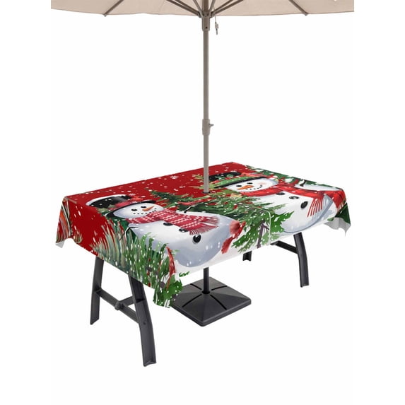 Outdoor Tablecloth with Umbrella Hole and Zipper, Red Snowman Christmas Rectangle Table Cloth 60x102 Inch Waterproof Tablecloth, Xmas Tree Snowflake Winter Birds Picnic Table Cover for Patio Camping