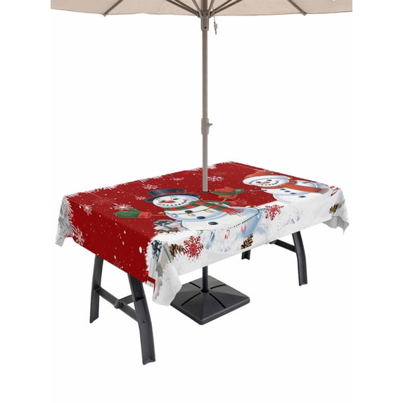 Outdoor Tablecloth with Umbrella Hole and Zipper, Red Snowman Christmas Rectangle Table Cloth 60x120 Inch Waterproof Tablecloth, Xmas Snowflake Winter Ball Picnic Table Cover for Patio Camping