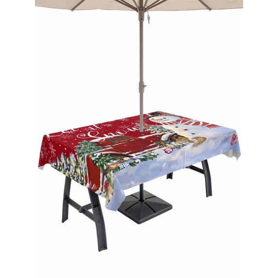 Outdoor Tablecloth with Umbrella Hole and Zipper, Red Snowman Christmas Rectangle Table Cloth 60x84 Inch Waterproof Tablecloth, Snowflake Red Truck Xmas Tree Gifts Picnic Table Cover for Patio