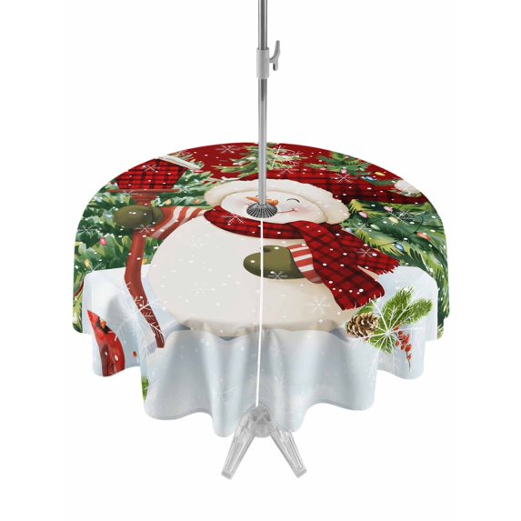Outdoor Tablecloth with Umbrella Hole and Zipper, Red Snowman Christmas Round Table Cloth 60 Inch Waterproof Tablecloth, Green Xmas Tree Snowflake Winter Picnic Table Cover for Patio Camping