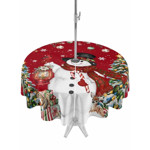 Outdoor Tablecloth with Umbrella Hole and Zipper, Red Snowman Christmas Round Table Cloth 60 Inch Waterproof Tablecloth, Xmas Tree Snowflake Ball Poinsettia Picnic Table Cover for Patio Camping