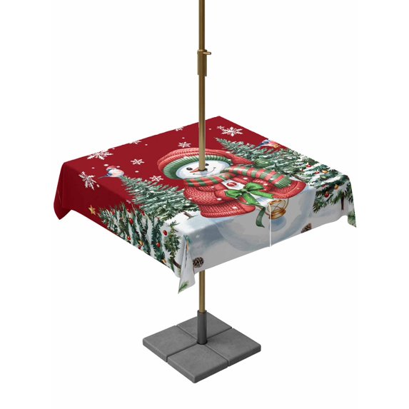 Outdoor Tablecloth with Umbrella Hole and Zipper, Red Snowman Christmas Square Table Cloth 60x60 Inch Waterproof Tablecloth, Snowflake Xmas Tree Green Picnic Table Cover for Patio Camping