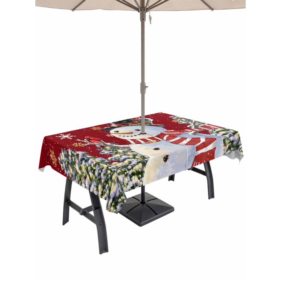 Outdoor Tablecloth with Umbrella Hole and Zipper, Red Snowman Rectangle Table Cloth 60x120 Inch Waterproof Tablecloth, Christmas Tree Snowflake Winter Holiday Picnic Table Cover for Patio Camping
