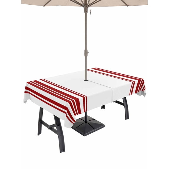 Outdoor Tablecloth with Umbrella Hole & Zipper, Red Striped Rectangle Tablecloth 60x84 Inch, Modern Farmhouse Stripes Patio Table Cover Waterproof Table Cloth for Picnic/Party