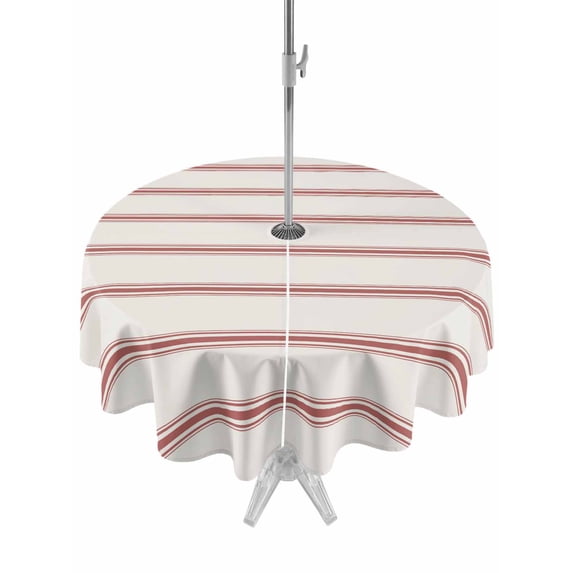 Outdoor Tablecloth with Umbrella Hole Zipper Red Striped Round Tablecloth 60" Waterproof Outside Table Cloth Rustic Red Stripe Modern Art Beige Patio Table Cover Tablecloths for Picnic Party