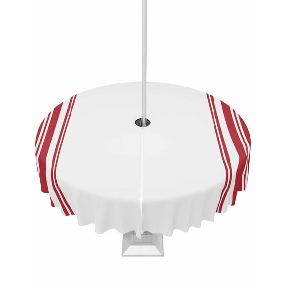Outdoor Tablecloth with Umbrella Hole and Zipper Red Ticking Vertically Stripe Round Tablecloths 60 Inch Waterproof Simple Style White Patio Table Cover for Outdoor Tables Picnic BBQS Party Decor