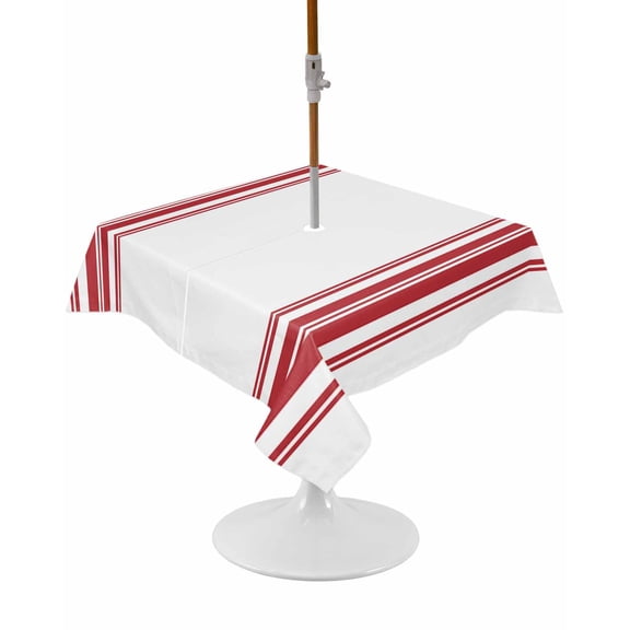 Outdoor Tablecloth with Umbrella Hole and Zipper Red Ticking Vertically Stripe Square Tablecloths 54x54 Inch Waterproof Table Cloths Simple Style White Patio Table Cover for Picnic BBQS Party