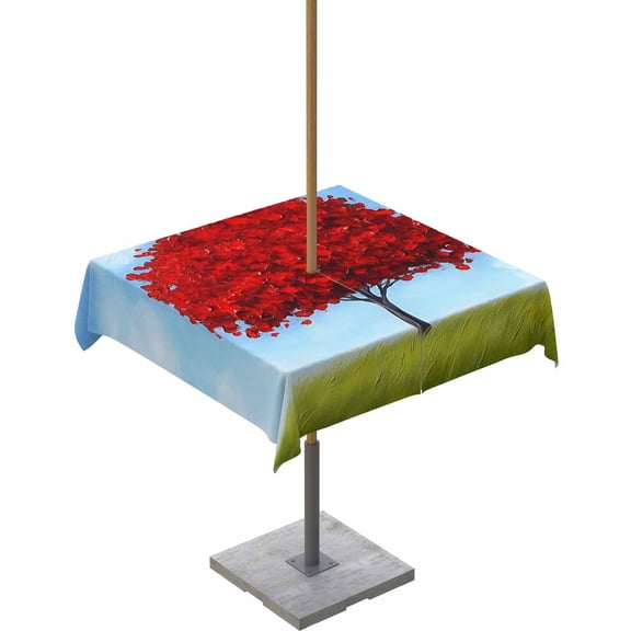 Outdoor Tablecloth with Umbrella Hole & Zipper, Red Tree Square Tablecloth 54x54 Inch, Spring Grass Blue Sky Retro Landscape Patio Table Cover Waterproof Table Cloth for Picnic/Party