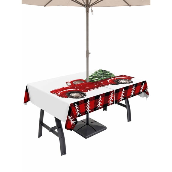 Outdoor Tablecloth with Umbrella Hole and Zipper, Red Truck Christmas Rectangle Table Cloth 60x102 Inch Waterproof Tablecloth, Plaid Xmas Tree Snowflake Picnic Table Cover for Patio Camping