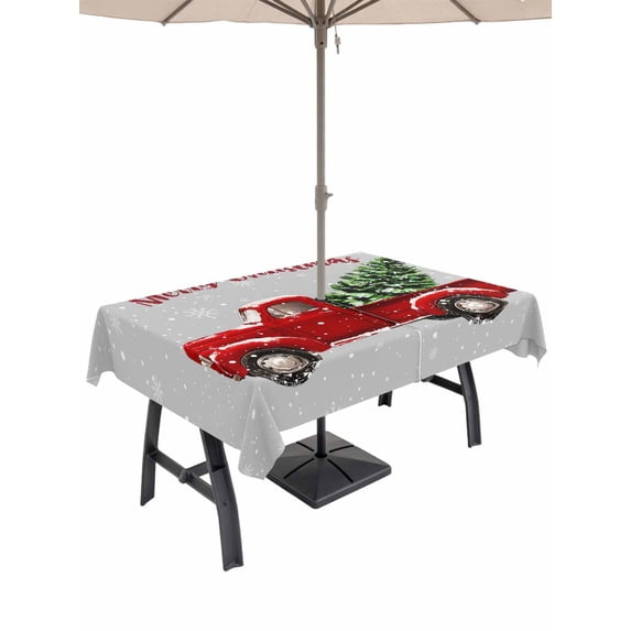 Outdoor Tablecloth with Umbrella Hole and Zipper, Red Truck Christmas Rectangle Table Cloth 60x102 Inch Waterproof Tablecloth, Xmas Tree Snowflake Grey Picnic Table Cover for Patio Camping