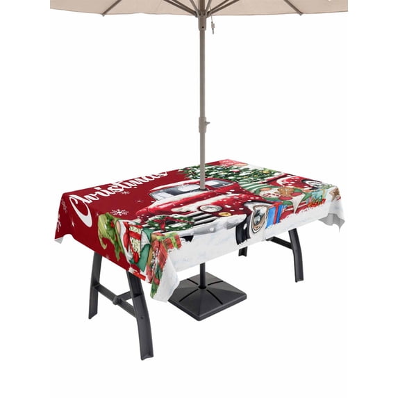 Outdoor Tablecloth with Umbrella Hole and Zipper, Red Truck Christmas Rectangle Table Cloth 60x120 Inch Waterproof Tablecloth, Gnomes Xmas Tree Snowflake Gifts Picnic Table Cover for Patio Camping