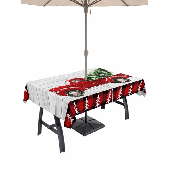 Outdoor Tablecloth with Umbrella Hole and Zipper, Red Truck Christmas Rectangle Table Cloth 60x120 Inch Waterproof Tablecloth, Red Black Plaid Xmas Tree Wooden Picnic Table Cover for Patio Camping