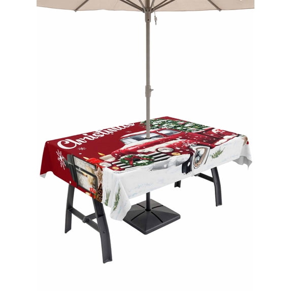 Outdoor Tablecloth with Umbrella Hole and Zipper, Red Truck Christmas Rectangle Table Cloth 60x84 Inch Waterproof Tablecloth, Xmas Tree Snowflake Gifts Winter Picnic Table Cover for Patio Camping