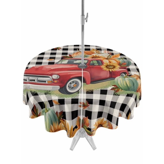 Outdoor Tablecloth with Umbrella Hole and Zipper, Red Truck Fall Round Table Cloth 54 Inch Waterproof Tablecloth, Thanksgiving Sunflower Pumpkins Black White Plaid Picnic Table Cover for Patio