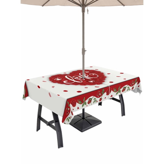 Outdoor Tablecloth with Umbrella Hole and Zipper, Red Valentine's Day Rectangle Table Cloth 54x80 Inch Waterproof Tablecloth, Love Heart Roses Romantic Picnic Table Cover for Patio Camping