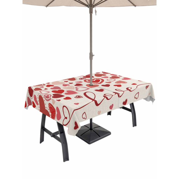Outdoor Tablecloth with Umbrella Hole and Zipper, Red Valentine's Day Rectangle Table Cloth 60x102 Inch Waterproof Tablecloth, Love Heart Modern Art Romantic Rustic Picnic Table Cover for Patio