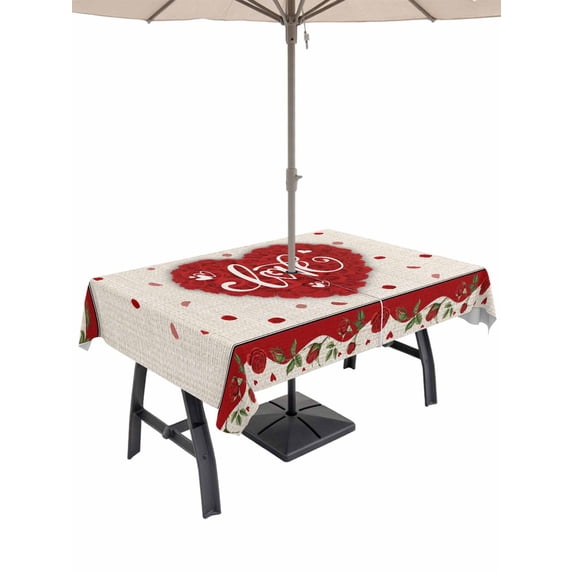 Outdoor Tablecloth with Umbrella Hole and Zipper, Red Valentine's Day Rectangle Table Cloth 60x102 Inch Waterproof Tablecloth, Love Heart Roses Romantic Rustic Picnic Table Cover for Patio Camping