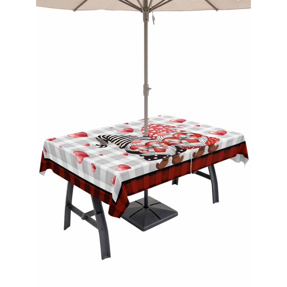 Outdoor Tablecloth with Umbrella Hole and Zipper, Red Valentine's Day Rectangle Table Cloth 60x84 Inch Waterproof Tablecloth, Love Heart Gnomes Grey Plaid Picnic Table Cover for Patio Camping