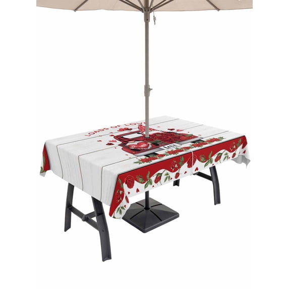 Outdoor Tablecloth with Umbrella Hole and Zipper, Red Valentine's Day Rectangle Table Cloth 60x84 Inch Waterproof Tablecloth, Love Heart Roses Gnomes Vintage Floral Picnic Table Cover for Patio