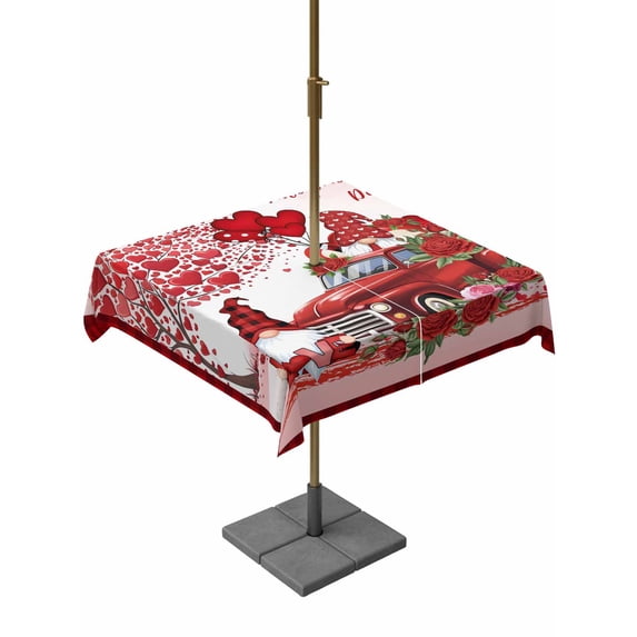 Outdoor Tablecloth with Umbrella Hole and Zipper, Red Valentine's Day Square Table Cloth 54x54 Inch Waterproof Tablecloth, Romantic Love Heart Roses Gnomes Plaid Picnic Table Cover for Patio Camping