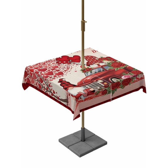 Outdoor Tablecloth with Umbrella Hole and Zipper, Red Valentine's Day Square Table Cloth 60x60 Inch Waterproof Tablecloth, Vintage Love Heart Roses Truck Gnomes Picnic Table Cover for Patio Camping