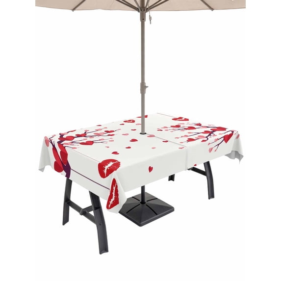 Outdoor Tablecloth with Umbrella Hole and Zipper, Red Valentines Day Rectangle Table Cloth 54x80 Inch Waterproof Tablecloth, Red Love Heart Tree Picnic Table Cover for Patio Camping