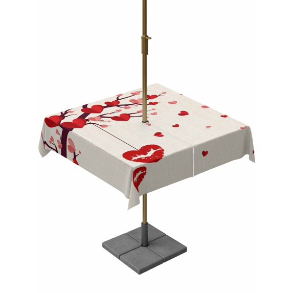 Outdoor Tablecloth with Umbrella Hole and Zipper, Red Valentines Square Table Cloth 54x54 Inch Waterproof Tablecloth, Red Love Heart Tree Rustic Picnic Table Cover for Patio Camping