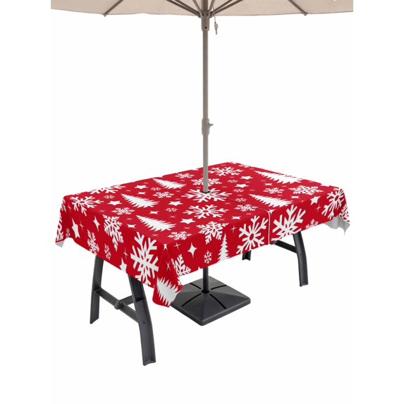 Outdoor Tablecloth with Umbrella Hole and Zipper, Red White Christmas Rectangle Table Cloth 60x102 Inch Waterproof Tablecloth, Xmas Tree Snowflake Winter Abstract Picnic Table Cover for Patio Camping