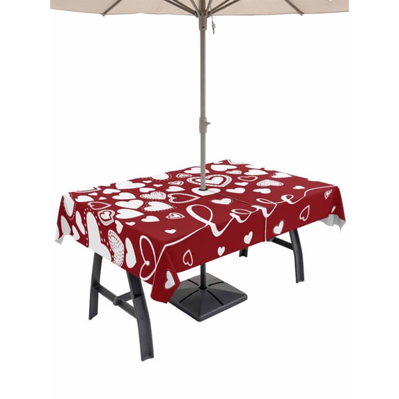 Outdoor Tablecloth with Umbrella Hole and Zipper, Red White Valentine's Day Rectangle Table Cloth 60x102 Inch Waterproof Tablecloth, Love Heart Modern Art Romantic Picnic Table Cover for Patio
